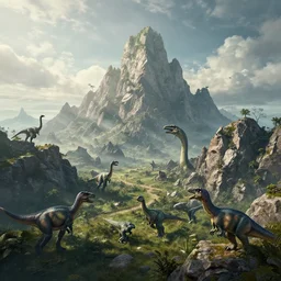 sublime beautiful landscape of an alien world with mountains and ( ( ( ( dinosaurs ) ) ) )