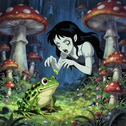scary fairy eating a frog in a psychedelic mushroom village, art style of junji ito, cel animation , masterpiece , post-processing , intricate , legendary matte painting