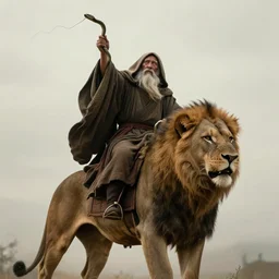 a hooded wise lonely old man with a long white beard wearing a brown hooded tunic, the man riding is on the lion, the wise man is riding on top, he is all alone using a snake as rains, majestic, epic digital art, cinematic, trending on artstation, superb detail 8 k, wide angle shot, masterpiece