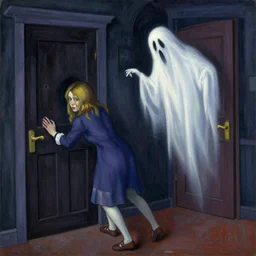 this girl was struggling with the doors in a haunted house so the ghost came to the rescue. painting by henri moret, max ernst, agnes pelton