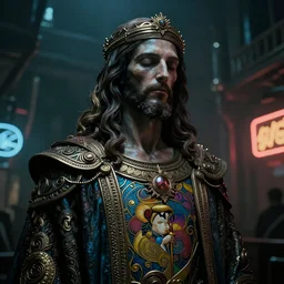 Cyberpunk jesus christ, dark atmosphere, cinematic shot, intricate, ornate, photorealistic, ultra detailed, realistic, 35mm, photography, neon, octane, high definition, depth of field, bokeh, 8k, artstation, ((alphonse mucha)), (hr giger)