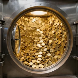 photorealistic photograph of vault full of gold coins, entire vault is shown