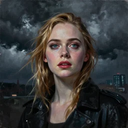 Elle Fanning transcending into cyberspace in the style of Paola Vetri, head and shoulders portrait, stormy weather, extremely detailed masterpiece, oil on canvas, low-key neon lighting, artstation, Blade Runner 2049, Roger Deakin’s cinematography, by J. C. Leyendecker and Peter Paul Rubens and Edward Hopper and Michael Sowa,
