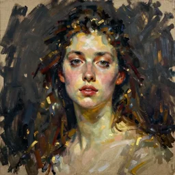 spontaneous unfinished romantic portrait, beautiful juicy brush strokes, by Richard schmid and Sargent, low key lighting, black and gold underpainting, trending on cgsociety, expressionism, linen canvas