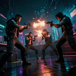 epic highly detailed photo of gangs fight in cyberpunk night adult club, 3 5 mm, guns blasting, low angle, blade runner, akira, cinematic angle, cinematic lighting, reflections, action, battle