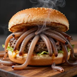 photo of a alive worms in an open burger, photorealistic, worms on the table, intricate details, 4 k, smoky,