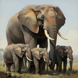 a painting of an enormous elephant towering over other elephants with a long tusk by michael komarck, featured on cgsociety, fantasy art, majestic, official art, detailed painting.