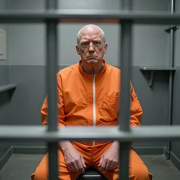 photo of bald!!! donald trump!!! donald trump trump shaved head no hair!!! no hair!!! old white pasty skin sitting in a jail cell!!! wearing an!!! orange jumpsuit!!!, defocused bars in the foreground, 8 k, 8 5 mm f 1. 8