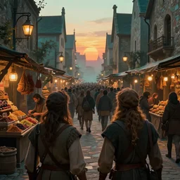close behind the back of two fantasy adventurers, busy market street, big crowd, sunset, street lamps, fantasy medieval city, extremely crowded, spice shop, royo, greg rutkowski, digital art, cinematic, teal orange color palette