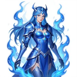 young morgana, battle mage, brilliant royal blue, flames surround her, intricate detail, ornate, tarot card, digital artwork by artgerm and wpol and sarasti, android jones, artstation