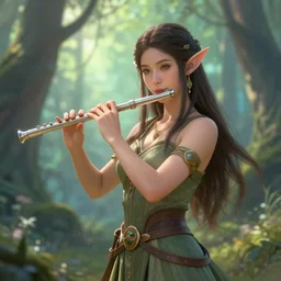 a beautiful female half - elf druid playing the flute in a dreamy forest, 4 k, concept art