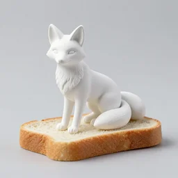 A white statuette of a fox on a piece of bread. solid Background.