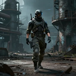 Futuristic matte painting of a cyberpunk soldier walking through an abandoned foundry, volumetric light scattering, highly detailed, Andreas Rocha, Greg Rutkowski, Darek Zabrocki, ArtStation, CGSociety, Unreal Engine, 4K, 8K