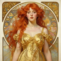 realistic art nouveau oil painting of redheaded young saoirse ronan or redheaded millie bobby brown wearing a reflective gold dress, highly detailed, intricate, elegant, digital painting, smooth, sharp focus, illustration, ultra realistic, 8 k, by bouguereau, alphonse mucha, artgerm, and donato giancola