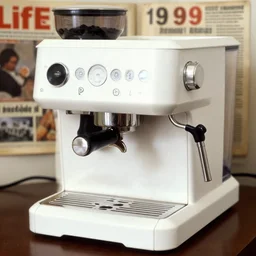 realistic photo of coffe machine, model equipment gadget, made of sand blasted wood white clay and with black wires 1 9 9 0, life magazine report photo, natural colors, metropolitan museum collection