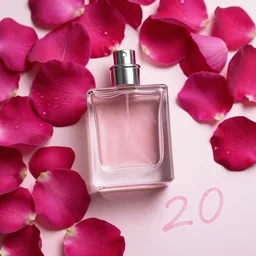 perfume bottle surrounded by deep pink romantic rose petals, dew drops, f 2 0, soft femme, romantic simple path traced, environment, up close shot