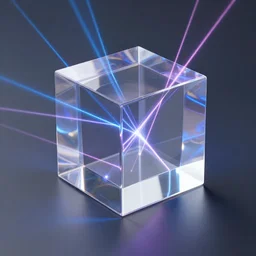 A transparent cube with various lasers being shot through it at odd angles, Octane Render, 4k, Default environment, light transportation, refraction, ray tracing, RTX on, global illumination.