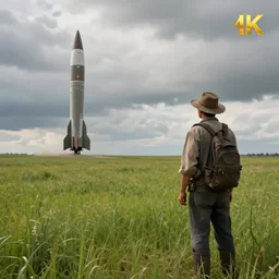 farmer watching missiles takes off from grasslands, cloudy sky, hyperdetailed, artstation, cgsociety, 8 k