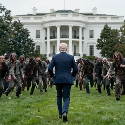 movie still of joe biden running away from a hoard of infected zombies on the white house lawn in the movie 2 8 days later, detailed, real, cinematic