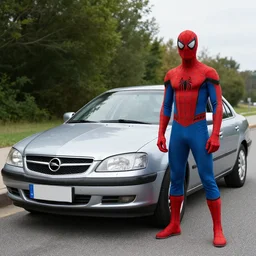 spiderman stand next to opel sedan, vehicle photography