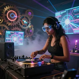 an indian woman wearing goggles and visor and headphones using a retro record player contraption, microphone, speakers, turntablism dj scratching, screens, smoky atmosphere, intricate planetary gears, cinematic, imax, sharp focus, leds, bokeh, iridescent, black light, fog machine, hazy, lasers, hologram, hyper color digital art