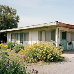 an abandoned motel in california with beautiful flowers growing around it, photorealistic, 8 5 mm f 1. 8