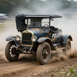 action photography, award winning photo of an ultra detailed intricate muddy vintage 1 9 2 0 s ford police cars on smoke speeding very fast on mud, dirt and dust, fast shutter speed, motion blur, tiny gaussian blur, highly detailed, highly intricate, depth of field, trending on top gear