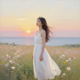 an influencer girl portrait in long white dress, sunset, flowers, ocean in distance, oil painting, pale colors, high detail, 8 k, wide angle, trending on artstation,
