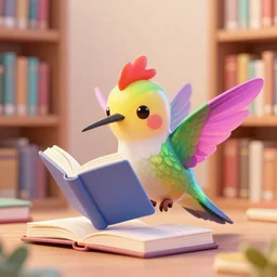 A cute adorable hummingbird phoenix reading a book in a library | Detailed | HD | Digital Art | 2018 | Modern | DC | Color | Glossy | 3D | Raytraced | Award Winning |  Artstation | Trending | Viral | Colorful | Amazing | Cute | Artistic | Soft Lighting | Cell Shader | Lovely | Fanart | Soft | Artwork | Hard Line