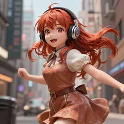 Very complicated dynamic composition, realistic anime style at Pixiv CGSociety by WLOP, ilya kuvshinov, trending on artstation. Zbrush sculpt colored, Octane render in Maya and Houdini VFX, cute young redhead girl in motion, she expressing joy, wearing dress, headphones, silky hair, stunning deep eyes. In cityscape. Very expressive and inspirational. Amazing textured brush strokes. Cinematic dramatic atmosphere, soft volumetric studio lighting.