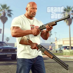 Grand Theft Auto 5 gameplay of Dwayne Johnson holding a auto shotgun