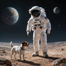 Astronaut explores surface of alien planet with dog wearing a spacesuit, digital concept art, cinematic lighting