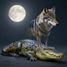 Furred chimera with crocodile's body and a wolve's head, concept art, illuminated by full moon, professional photoshop artwork, highly detailed