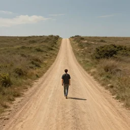 hyper realistic lonely guy walking on a long dirt road, wide angle, illustrated by greg rutkowski, beautiful volumetric lighting, intricate, ultra detailed, photorealistic, trending on artstation, octane render, 8 k