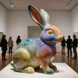 massive polished smooth clay sculpture of a mythic rabbit animal by beth cavener in a museum. stunning colourful intriguing. painted color gradient fading. sub scattering. eyes specular highlight. with help of ellen jewett, beth cavener, sayaka ganz, edouard martinet, john o'reilly and judith klausner. promotional picture
