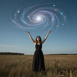 full body photograph of an attractive!!!! nervous girl wearing beautiful makeup standing in a field with her arms in the air, binary star system with rings made of intricate fractal!!!! patterns above her in the sky, by jana schirmer. 7 0 mm