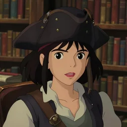 animation still frame of an attractive female pirate ( short black hair ), high angle closeup portrait, blurry background of the library, disney, pixar, bloom, medium shot, dramatic lighting, in the style of studio ghibli, j. c. leyendecker, greg rutkowski, artgerm