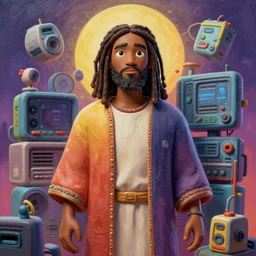stylish 3 d vfx - drew struzan movie - portrait - poster - art of an african jesus surrounded by modern technology, art style by james jean & hsiao - ron cheng, unreal engine render, digital illustration, sharp, intricate detail, volumetric lighting, ray tracing, soft light, colourful, claymation style, ernie barnes style, symmetry, acrylic on canvas, pinterest, art
