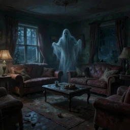 hyper realist matte digital painting of a haunted living room at night, abandoned, ghost, fantasy art, photo realistic, dynamic lighting, artstation, volumetric lighting