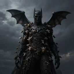 man morphed with bat flies in dark skies, fantasy, professionally retouched, soft lighting, powerful, realistic, face is obscured in shadow, wide angle, 8 k high definition, insanely detailed, intricate, elegant, art by artgerm and wlop