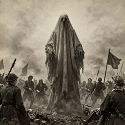 scary unproportionable tall ghost creature in the middle of a battlefield, 1900s picture