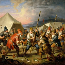 hyperborean battle painting of gnomes sieging a encampment held by squirrels by Emanuel Leutze