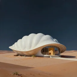 sci fi atmospheric landscape painting of architecture design of a seashell shaped house in the middle of the desert at night, painted by john harris and moebius