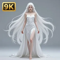stunningly beautiful full - body asi goddess, porcelain skin, long white hair, symmetrical, overwhelming, innocent, ethereal, live 2 d anime style, 8 k
