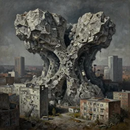 a surrealistic oil painting of brutalism rock fractals in style of old soviet town, grimdark, 4k, ultra detail, volumetric lighting, unreal engine, octane render