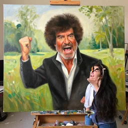 old!!!!!!!!!!!!!!!!!!! bob ross is sad and frustrated and angry and yelling!!!!!!!!!!!!!!! at a huge painting of nature!!!!!!!!!! by bob ross, masterpiece, trending on artstation