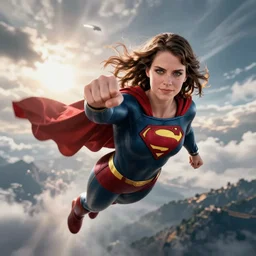 katniss everdeen as a superman, flying through the air, fist in front of her