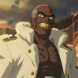 an epic anime of a man, black skin, gold teeth, big jacket, face tattoos, ghibli, unreal 5, octane render, rpg portrait, dynamic lighting, epic, epic anime, 2 d