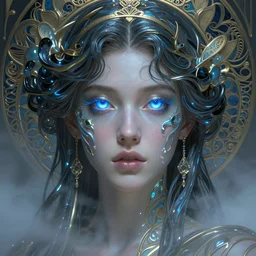 a pretty woman with glowing blue eyes made of liquid metal surrounded by an environment designed by Joe Fenton, fog, volumetric lighting, intricate, elegant, highly detailed, digital painting, artstation, concept art, smooth, sharp focus, art nouveau, art by artgerm and raymond swanland and alphonse mucha