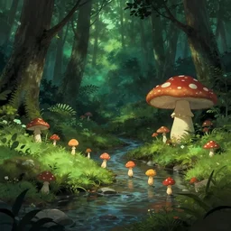 tiny mushroom people walking by a stream in a lush forest, dramatic lighting, illustration by Greg rutkowski, yoji shinkawa, 4k, digital art, concept art, trending on artstation